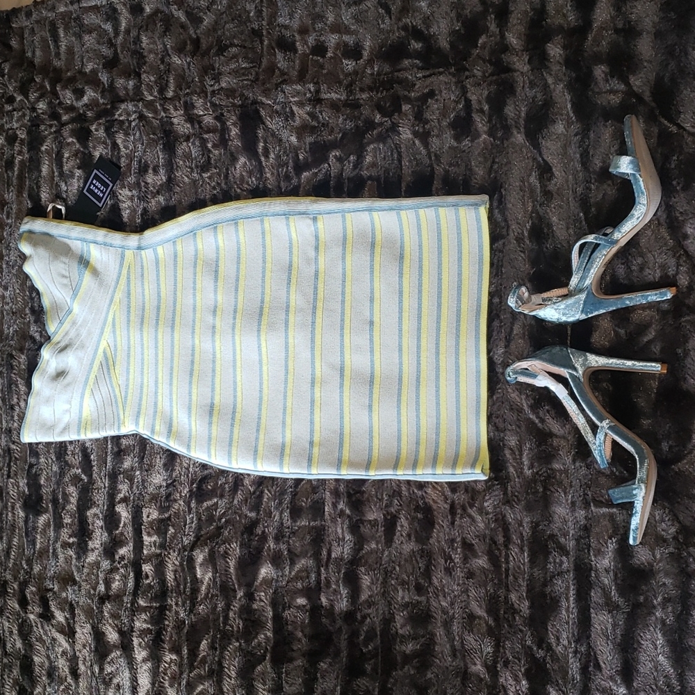 Herve Leger Blue Yellow Striped Bandage Dress Small Nwt